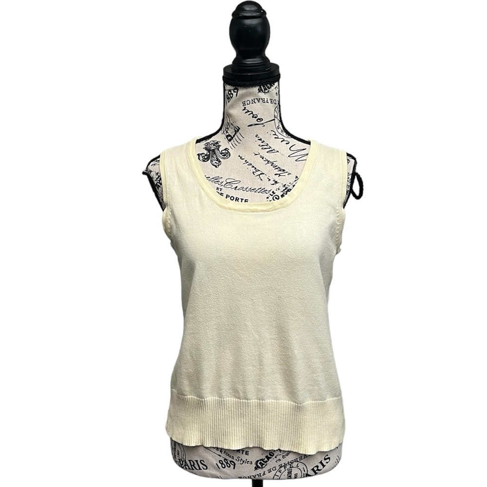 Womens Pale Yellow Scoop Neck Wool Sweater Vest L Preppy Academia Golf Tennis - Picture 2 of 7